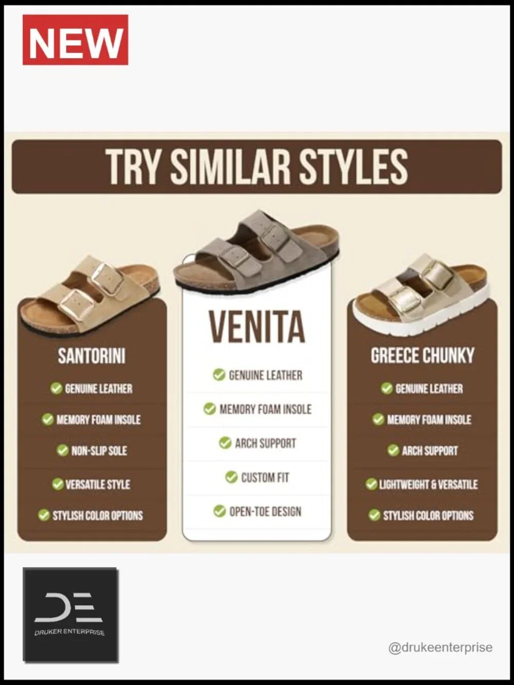 Genuine Leather Slide Sandals with Memory Foam Cork Footbed Arch Support